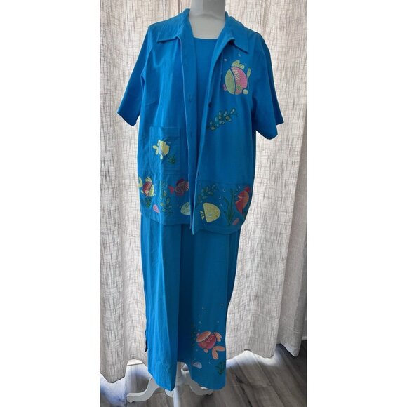 Davina Women's Artsy Size 1X blue maxi dress & jacket embroidered fish casual - Picture 1 of 15